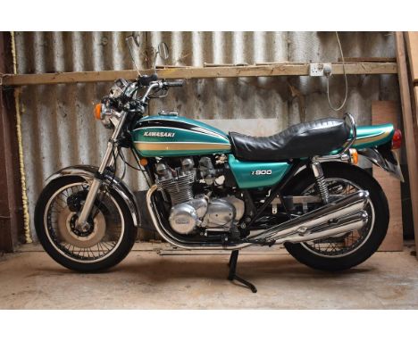 A 1976 Kawasaki Z900, registration number LBP 652P, green/gold/black. The big Zs first broke cover in 1972 with the launch of