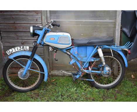 A 1973 Jawa 90 Roadster restoration project, registration number UJT 138L, blue and white. This restoration project has forme