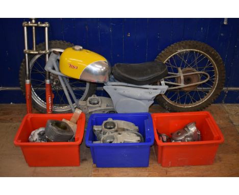 A BSA Victor B441 scrambler project, comprising a frame, alloy fuel tank, engine crank cases, barrels, cylinder heads, Cerian