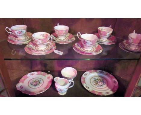 A Royal Albert bone china 'Lady Carlisle' part-tea service for six persons, including: cake plates, cream jug and sugar basin