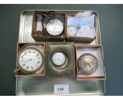 A Victorian silver open faced pocket watch with engine turned dial and applied numerals, London 1829, together with four furt