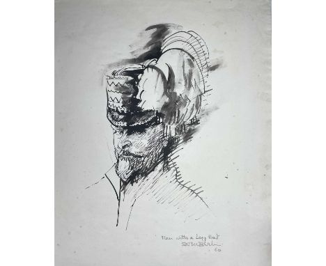 Sven BERLIN (1911-1999)Self portraitPen &amp; ink59x48cmNote: this was the Sami hat given to Berlin by the Swedish film star 