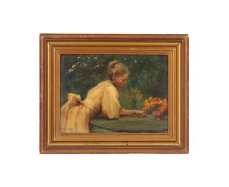 oil on board 'Young Girl with Marigolds', signed and dated 1890 lower right, 16 cm x 22 cm, in gilt frame. Newcombe was a sup