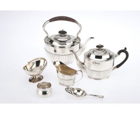 hallmarked Sheffield 1899, plus associated boat-shaped sucrier London 1883 by Charles Stuart Harris, and silver plated tea ke