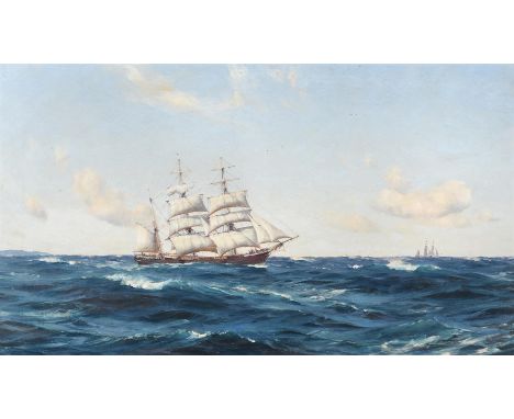 Thomas Jacques Somerscales (British 1842-1927) Timber Vessel leaving Portland Oregan, A Souther Wester Oil on canvas Signed a