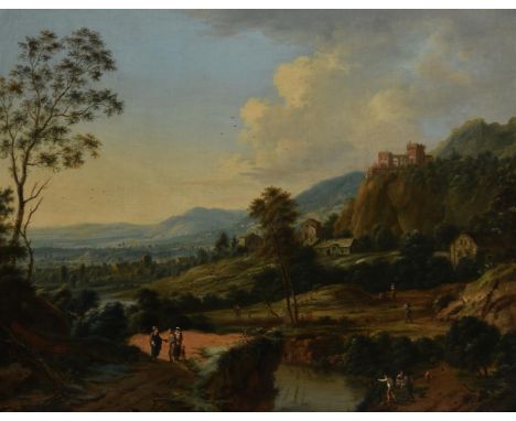 Johann Christian Vollerdt (German 1708-1769)Villagers in a castle landscapeOil on canvas Signed with strengthened signature a