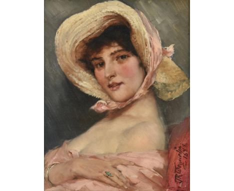John Richard Weguelin (British 1849-1927)Vanity Fair Oil on canvasSigned and dated 1888 (lower right)26 x 20cm (10 x 7¾ in.)C