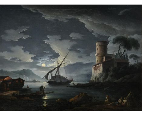 Carlo Bonavia (Italian fl. 1788)Mediterranean harbour by moonlightOil on canvas 65.5 x 86cm (25¾ x 33¾ in.)Provenance:Falkenb