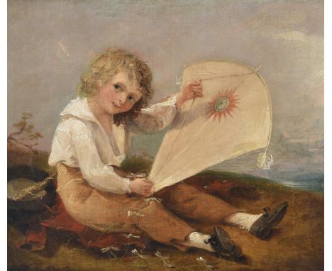 Attributed to Richard Westall (British 1766-1836)Portrait of a young boy holding a kite in a landscapeOil on canvas 31.5 x 36