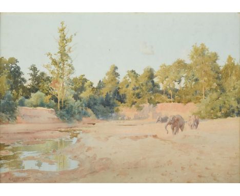 Robert George Talbot Kelly (British 1861-1934)Elephants in an Indian dry river landscapeWatercolourSigned and dated 1904 (low