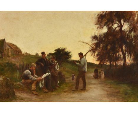 Attributed to William Darling Mckay (British 1844-1924)Harvesters at rest in a landscape, one holding a violinOil on canvas 5