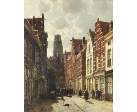 William Hendrick Eickelberg (Dutch 1845-1920)A street scene in Rotterdam with the cathedral beyondOil on panelSigned (lower l
