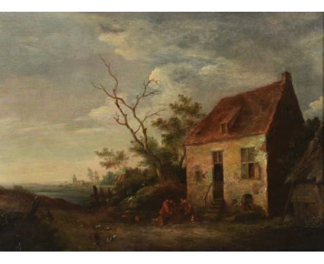 Johannes Janson the Elder (Dutch 1729-1784)Figures before a cottage in a landscape Oil on panelSigned (lower right)14 x 19cm 