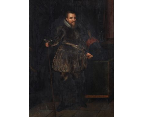 Follower of Jan Anthonisz van Ravesteyn Portrait of a gentleman holding a staff of office, small full-length Oil on panel61.5