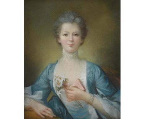 Manner of Jean-Baptiste Perronneau Portrait of a lady half-length wearing a blue dress, holding a bookPastel on paper laid to