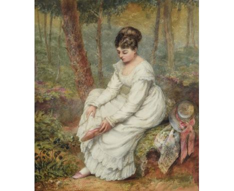 Anna Maria Charretie (British 1819-1875)A girl wearing a white dress seated in a woodland gladeWatercolour heightened with wh
