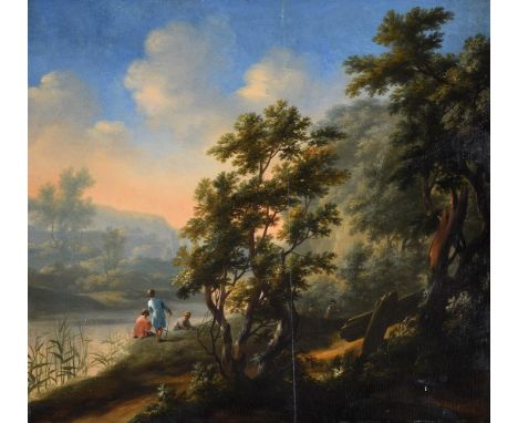 Circle of Isaac de Moucheron (Dutch 1667-1744)Travellers in a wooded river landscapeOil on panel41.5 x 45.3cm (16¼ x 17¾ in.)