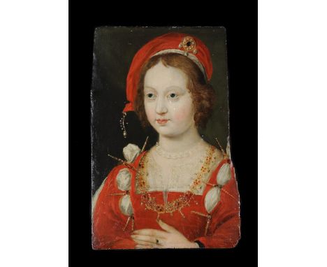 Follower of Theodore RusselPortrait of a lady in Tudor dressOil on panel fragment37 x 24.5cm (14½ x 9½ in.)Unframed Provenanc