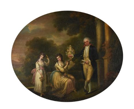 Follower of William HamiltonElegant figures before a flower-wreathed urn in landscape gardenOil on canvas laid on board, oval