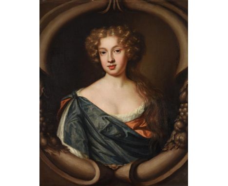 Mary Beale (British 1632-1697)Portrait of a lady in a blue cloak and orange dressOil on canvas, in a feigned cartouche75.5 x 
