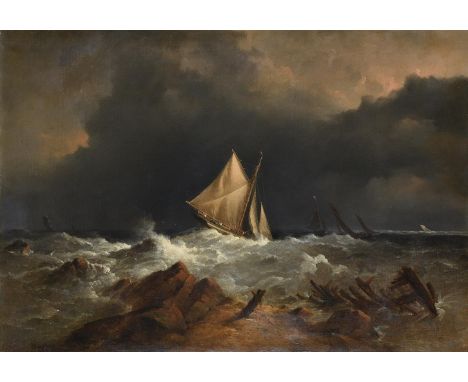 Richard Brydges Beechey (British 1808-1895)Fishing boat off the coast in a stormOil on canvasSigned and dated 1864 (lower lef