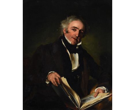 Attributed to James Lonsdale (British 1777-1839)Portrait of a gentleman holding an albumOil on board30.5 x 24cm (12 x 9¼ in.)