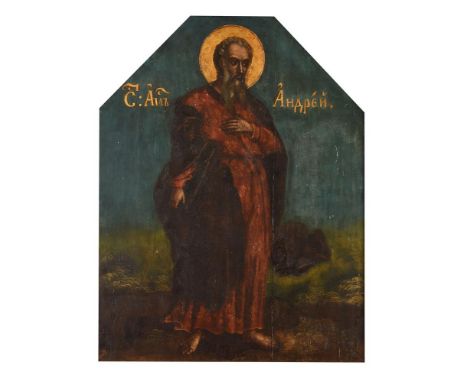 Russian School (early 19th century)St. AndrewOil on shaped panel77 x 60cm (30¼ x 23½ in.)Provenance: From the private collect