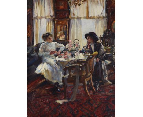 Annie Rose Laing (Scottish 1869-1946) Conversation pieceOil on canvas46 x 35.5cm (18 x 13¾ in.)Provenance:The Fine Arts Socie