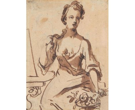 English School (circa. 1700)Portrait of a seated lady with flowersInk and washWith Collectors wax seal inscribed Christo Duce