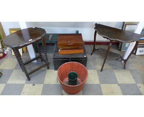 An oak barleytwist occasional table, a mahogany demi-lune table, a wooden planter, painted box, etc. 