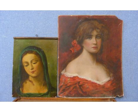 Italian School (19th Century), portrait of The Virgin Mary, oil on board and portrait of a young lady, oil on card, both unfr