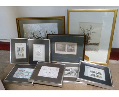 Assorted framed stamp designs, a David T. Growcock signed print and an E.T. Johnson artists proof etching 