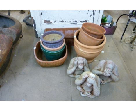 Three concrete garden figures of The Three Wise Monkeys, terracotta pots, etc. 