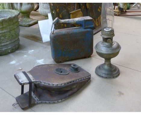 An Eversure petrol can, set of bellows and an oil lamp base 