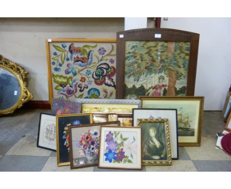 Assorted tapestries, a fire screen, prints, etc. 