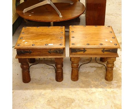 A pair of sheesham square lamp tables, with studded wrought-iron decoration 