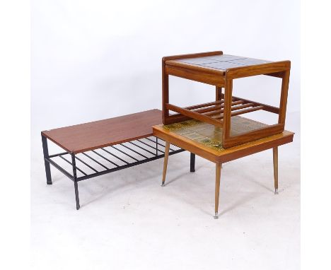 A mid-century tile-top teak occasional table, marked Staverton to the underside of the top, a mid-century teak 2-tier tile-to