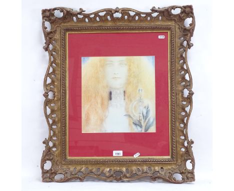 Print, portrait study of a young girl, in a pierced gilt-gesso frame, 30cm x 30cm