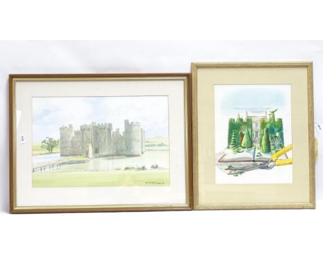 2 watercolours - David Crew, topiary, 16.5" x 12.5", and M Savage, Bodiam Castle, 15" x 22", framed (2) 