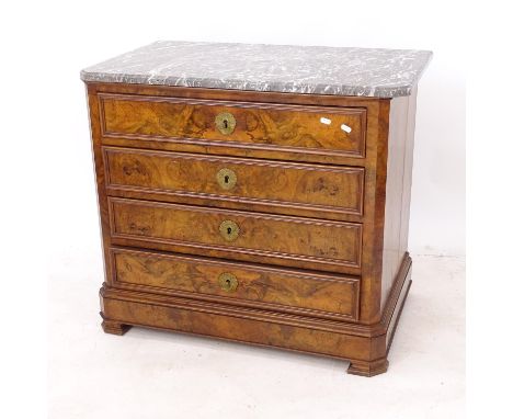 A 19th century Continental walnut and marble-top commode, with 4 long drawers, W87cm, H78cm, D53cm 
