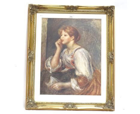 A large ornate gilt frame, with coloured print of seated girl, overall 90cm x 75cm 