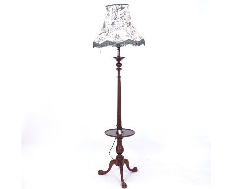 A mahogany fluted standard lamp and shade, with integral tray, on cabriole legs, height to bayonet fitting 155cm approx 