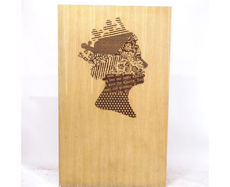 A large stylised portrait of H.M. The Queen, on laser etched 30mm oak faced ply board, 200cm x 120cm 