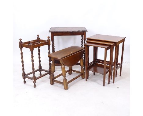 A group of occasional tables, to include mahogany nest, drop leaf, stick stands (4) 