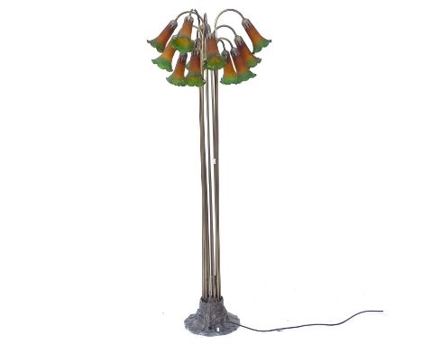 A Tiffany style 12-branch standard lamp, with coloured glass shades, H156cm 