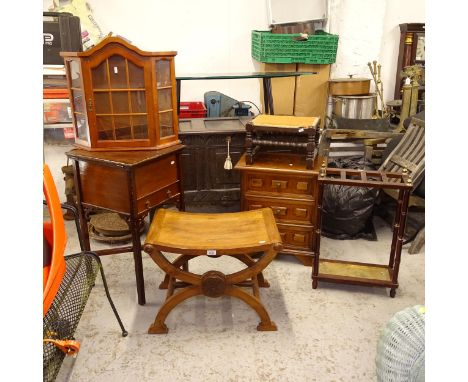 A walnut stool on X-shaped base, an Edwardian mahogany sewing cabinet, a 3-drawer bedside chest, a stick stand, a hanging cab