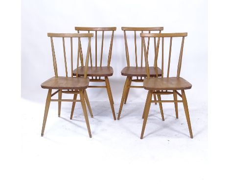 A set of Vintage Ercol stick-back and elm-seated dining chairs, with blue and gold labels, no. 391 Registered Design 884923 