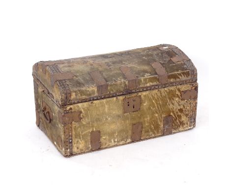 A 19th century hide-covered dome-top trunk, initialled EW, with strapwork, W72cm, H40cm, D44cm 