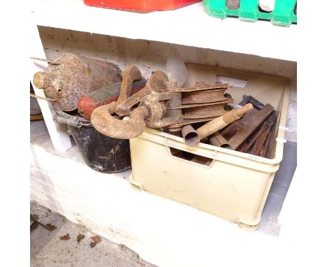 A quantity of tools, to include axes, pipe bender, double pulley, chains etc 