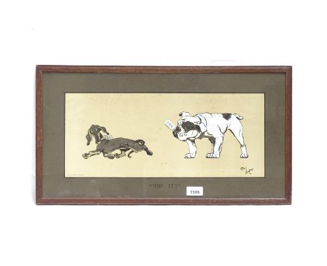 Cecil Aldin, coloured print, First World War Bulldog and Dachshund propaganda, Op It!, 20cm x 46cm, framed 